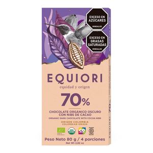 Chocolatina EQUIORI organica al 70% Nibs x80 g