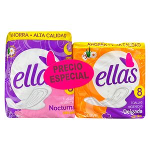 Toallas higiénicas ELLAS nocturna x8 unds + toallas higiénicas delgada x8 unds