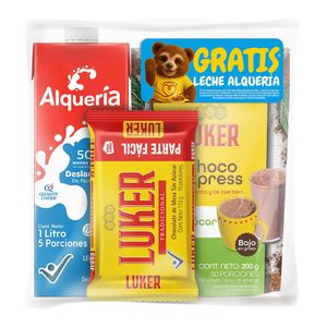 Chocolate LUKER x112 g + choco express x200 g gratis leche alquería x1000 ml